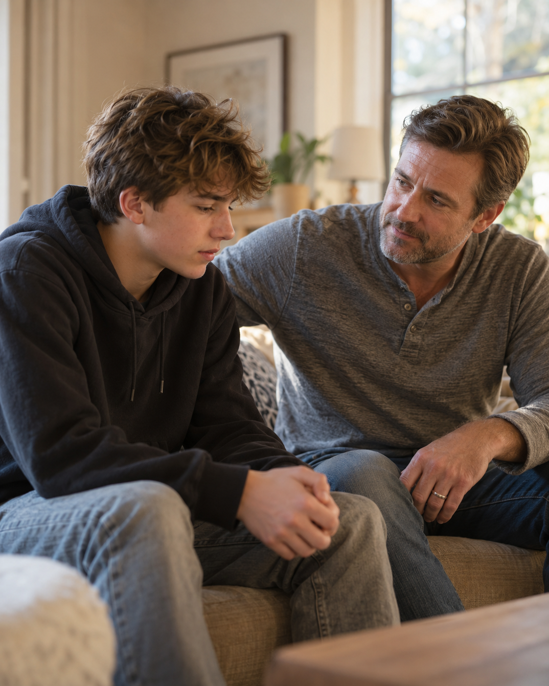 Father spending a quiet moment with his teenage son